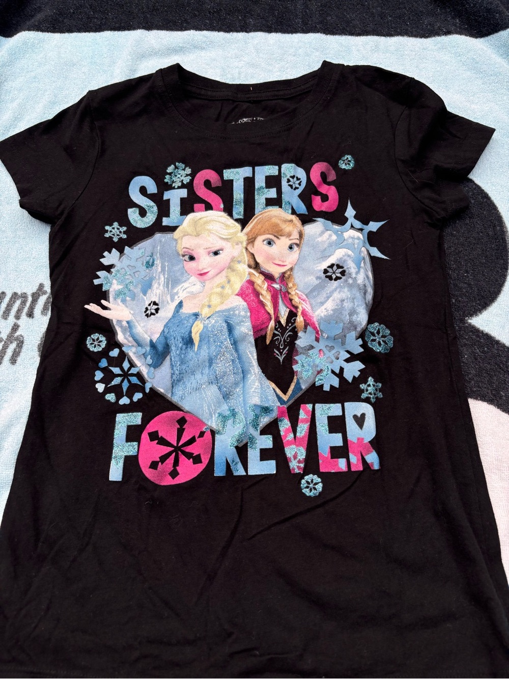 Disney Black Tee with Frozen Sisters Graphic in Blue and Pink
